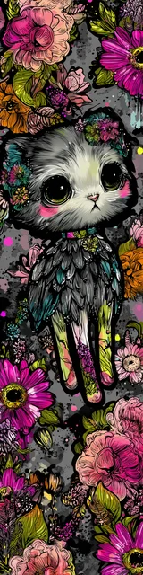 Free kawaii cats bookmark featuring a gray kawaii cat with flowers